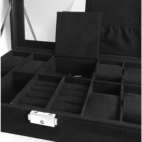 Black Velvety Fabric Lined Jewelry Box Multi Compartments Mirror Locking  Key - Picture 8 of 13